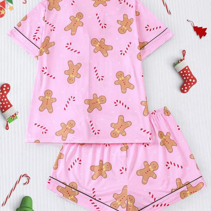 Festive Women's Christmas Pajama Set - Soft Santa Cookie Print Short Sleeve Top & Elastic Shorts for Cozy All-Season Sleepwear