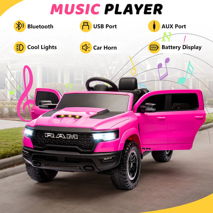 RAM 1500 Pink Ride-On Truck for Kids - 12V Electric Car with Remote Control, 4-Wheel Suspension, Safety Belt, Music, Bluetooth & LED Lights - Perfect for Boys & Girls Ages 3-5!
