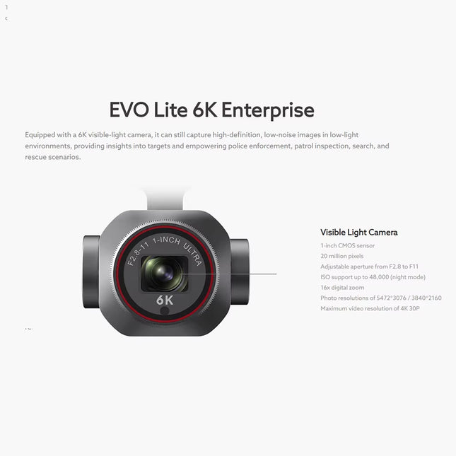 Autel EVO Lite 6K Enterprise Drone - Professional 1-Inch CMOS Camera with ISO Max 48000 and 4K/30fps Video Capabilities