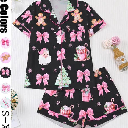 Festive Women's Christmas Pajama Set - Soft Santa Cookie Print Short Sleeve Top & Elastic Shorts for Cozy All-Season Sleepwear