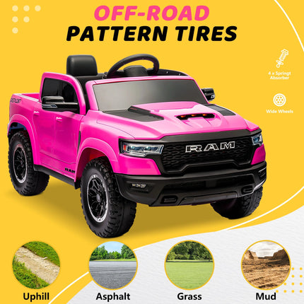 RAM 1500 Pink Ride-On Truck for Kids - 12V Electric Car with Remote Control, 4-Wheel Suspension, Safety Belt, Music, Bluetooth & LED Lights - Perfect for Boys & Girls Ages 3-5!