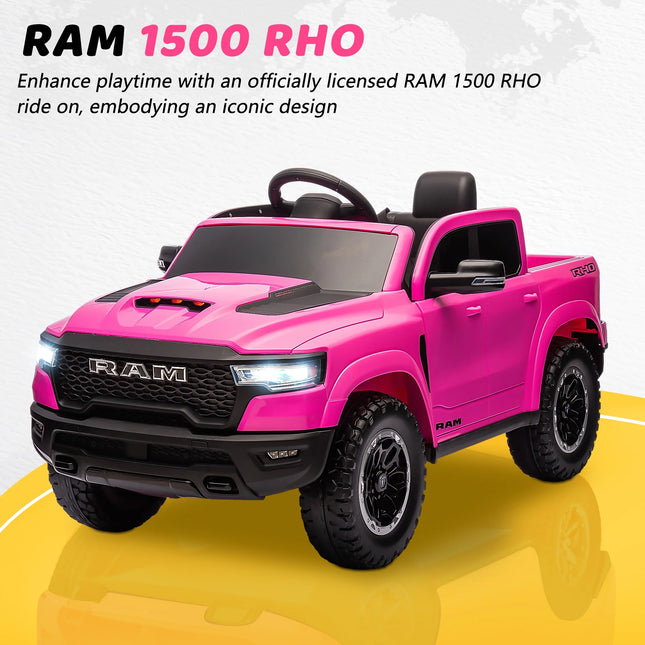 RAM 1500 Pink Ride-On Truck for Kids - 12V Electric Car with Remote Control, 4-Wheel Suspension, Safety Belt, Music, Bluetooth & LED Lights - Perfect for Boys & Girls Ages 3-5!