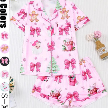 Festive Women's Christmas Pajama Set - Soft Santa Cookie Print Short Sleeve Top & Elastic Shorts for Cozy All-Season Sleepwear