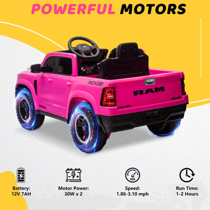 RAM 1500 Pink Ride-On Truck for Kids - 12V Electric Car with Remote Control, 4-Wheel Suspension, Safety Belt, Music, Bluetooth & LED Lights - Perfect for Boys & Girls Ages 3-5!