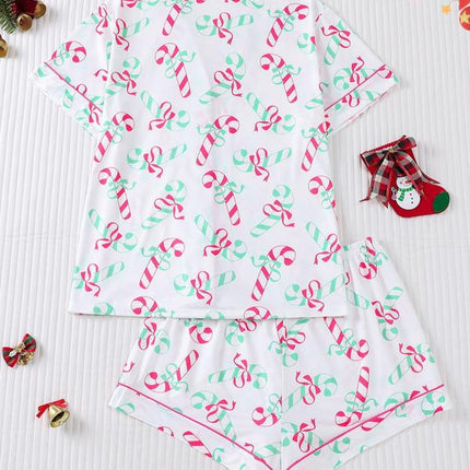 Festive Women's Christmas Pajama Set - Soft Santa Cookie Print Short Sleeve Top & Elastic Shorts for Cozy All-Season Sleepwear