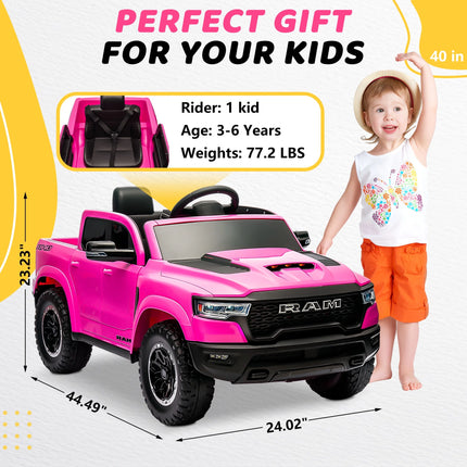 RAM 1500 Pink Ride-On Truck for Kids - 12V Electric Car with Remote Control, 4-Wheel Suspension, Safety Belt, Music, Bluetooth & LED Lights - Perfect for Boys & Girls Ages 3-5!