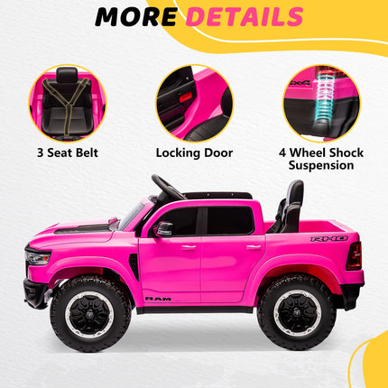 RAM 1500 Pink Ride-On Truck for Kids - 12V Electric Car with Remote Control, 4-Wheel Suspension, Safety Belt, Music, Bluetooth & LED Lights - Perfect for Boys & Girls Ages 3-5!