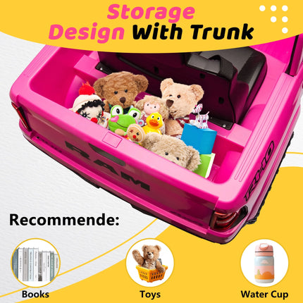 RAM 1500 Pink Ride-On Truck for Kids - 12V Electric Car with Remote Control, 4-Wheel Suspension, Safety Belt, Music, Bluetooth & LED Lights - Perfect for Boys & Girls Ages 3-5!