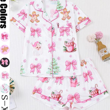 Festive Women's Christmas Pajama Set - Soft Santa Cookie Print Short Sleeve Top & Elastic Shorts for Cozy All-Season Sleepwear