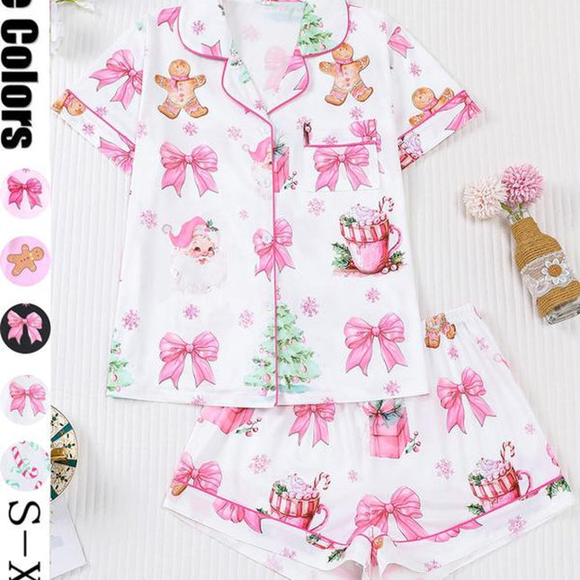 Festive Women's Christmas Pajama Set - Soft Santa Cookie Print Short Sleeve Top & Elastic Shorts for Cozy All-Season Sleepwear
