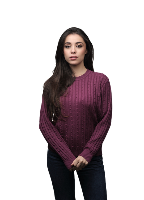 Women's Merino Wool Crew Neck Cable Knit Sweater