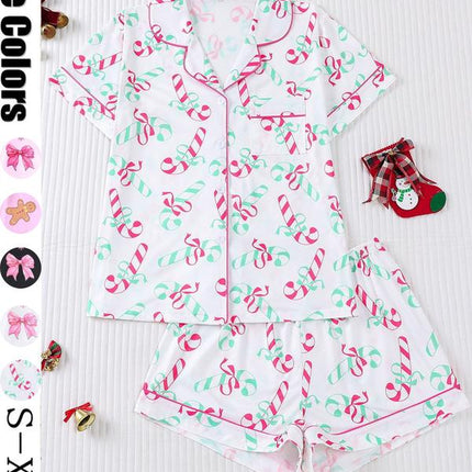 Festive Women's Christmas Pajama Set - Soft Santa Cookie Print Short Sleeve Top & Elastic Shorts for Cozy All-Season Sleepwear