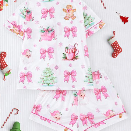 Festive Women's Christmas Pajama Set - Soft Santa Cookie Print Short Sleeve Top & Elastic Shorts for Cozy All-Season Sleepwear