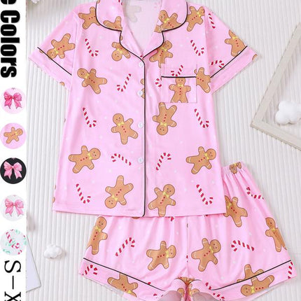 Festive Women's Christmas Pajama Set - Soft Santa Cookie Print Short Sleeve Top & Elastic Shorts for Cozy All-Season Sleepwear