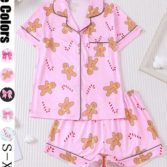 Festive Women's Christmas Pajama Set - Soft Santa Cookie Print Short Sleeve Top & Elastic Shorts for Cozy All-Season Sleepwear