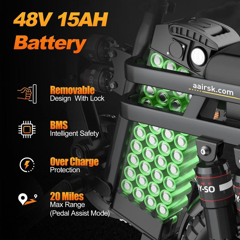 Aairks Electric Bike for , Folding Ebike 14" E-Bike, 48V 20Ah/15Ah/10Ah Removable Battery, 22MPH Speed, UL 2849 Certified, 40 Miles PAS Range Mini E Bikes， E Bike，Folding Ebike, Bicicleta Electrica