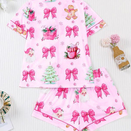 Festive Women's Christmas Pajama Set - Soft Santa Cookie Print Short Sleeve Top & Elastic Shorts for Cozy All-Season Sleepwear