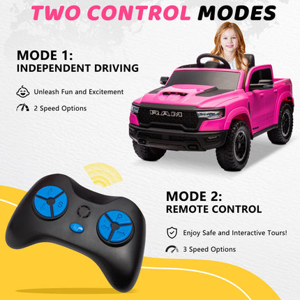 RAM 1500 Pink Ride-On Truck for Kids - 12V Electric Car with Remote Control, 4-Wheel Suspension, Safety Belt, Music, Bluetooth & LED Lights - Perfect for Boys & Girls Ages 3-5!